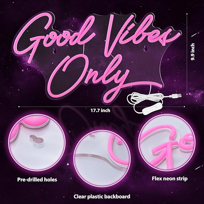 Kavaas Good Vibes Only Neon Signs for Wall Decor | Pink Good Vibes Only LED Sign for Bedroom, Party, Bar, Salon - Best Gifts for Birthday, Christmas