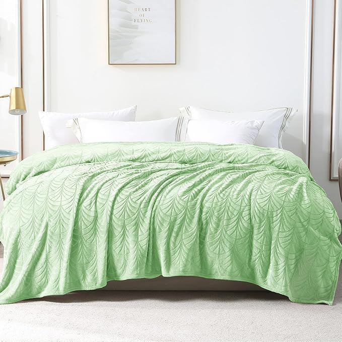 Whale Flotilla Flannel Fleece Queen Size Blanket for Bed, Soft Fluffy Velvet Bedspread Coverlet with Decorative Vintage Pattern for All Season, Warm and Lightweight, 90x90 Inch, Light Green
