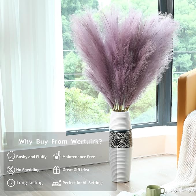 Purple Pampas Grass Decor - 45-Inch Set of 8 | Large Faux Pampas Grass Soft and Fluffy | Big Artificial Fake Flower | Perfect for Wedding Centerpieces, Baby Shower and House Decor
