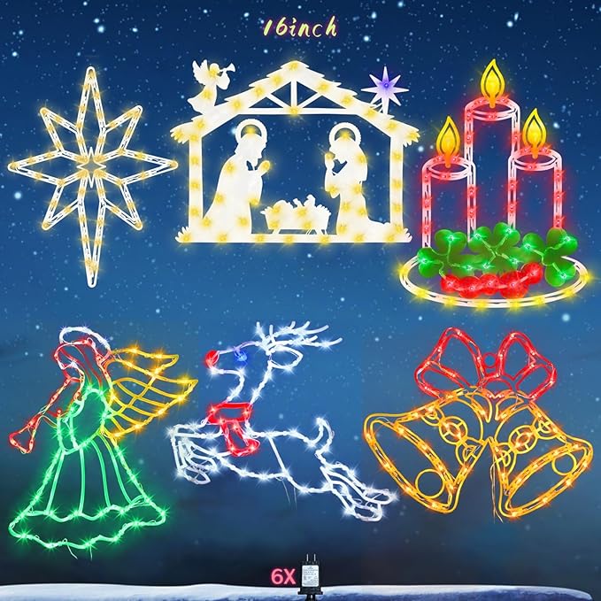 16" Christmas Window Silhouette Lights - 6 Pack Colour Lighted Bell, Angel, Candle, Nativity, Bethlehem Star, Reindeer for Holiday Indoor and Outdoor Wall Door Window Decorate