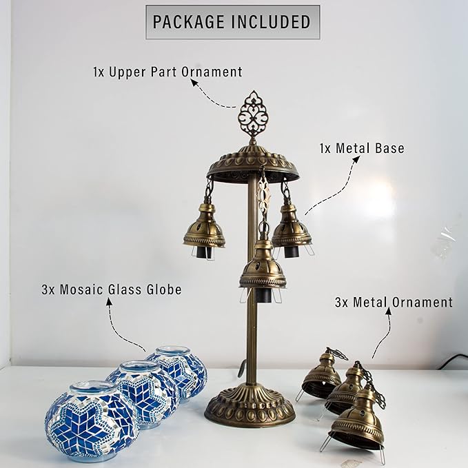mozaist Moroccan Handmade Mosaic Table Lamp, Turkish Vintage Boho Style Desk Light, 3 Globe Bedside Country Décor for Home Lighting, Rural Authentic Unique Gift with US Plug & E12 Socket (Sea Blue)