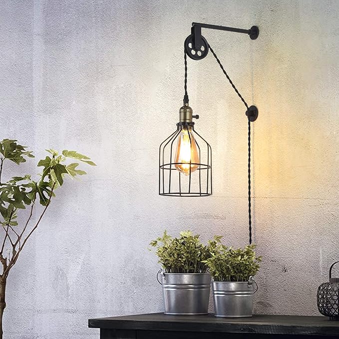 Industrial Wall Sconce Lights Lift Pulley Design Vintage Farmhouse Wall Lamps for Living Room Decor, Retro Mounted Fixture with Wheel Pendant Lamp for Bedroom(No Bulb)