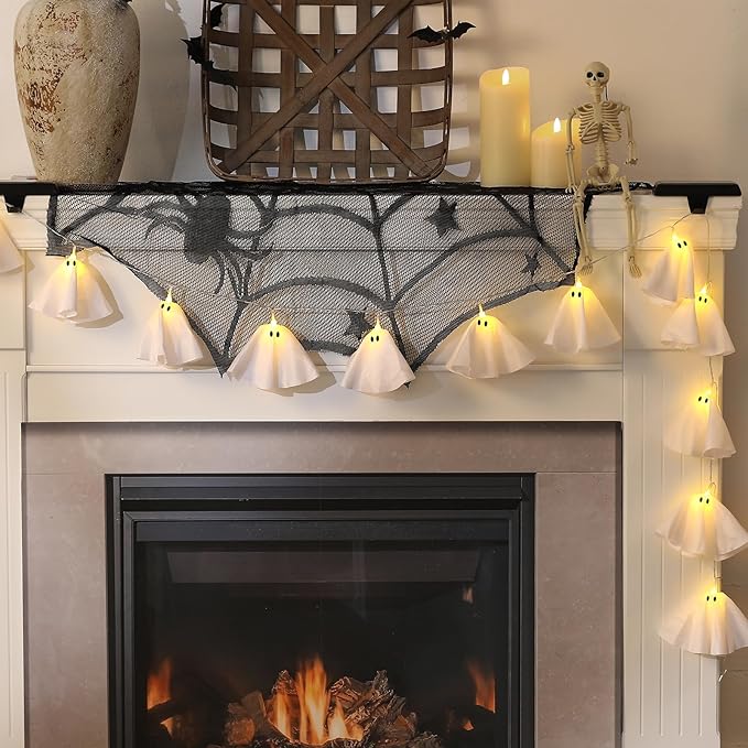 Halloween Decoration-Light Up Ghost Garland-Handmade LED Ghost String Lights Banner for Home Party Fireplace Mantle Windows Decor