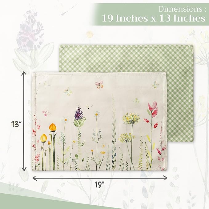 Maison d' Hermine Placemats Set of 4 100% Cotton Washable Cloth Place Mats, Reusable Table Mats for Kitchen Dining Decoration, Party, Wedding, Restaurant Spring/Summer (Botanical Fresh, 13" x 19")