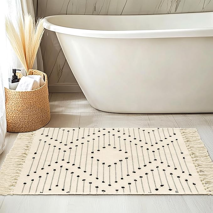 Tritard Boho Bathroom Rug 2x3 - Woven Cotton Area Rugs with Tassels Small Aztec Entryway Rug Washable Farmhouse Bath Door Mat Low Pile Throw Rugs for Entrance, Kitchen, Front Porch, Beige Cream