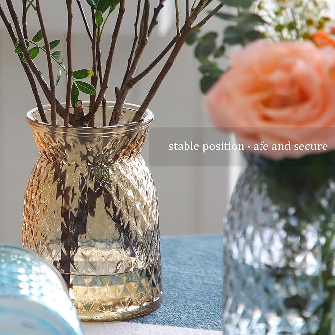 OFFIDIX Glass Vase, 6.5 * 4.5in Large Mouth Shape Geometric Faceted Design Flower Vase for Weddings,Events,Decorating,Office,Home Decor