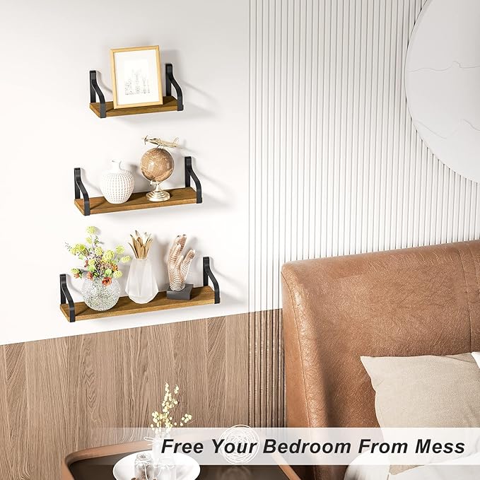 Love-KANKEI Floating Storage Wall Shelves Mounted Set of 3, Rustic Wood for Bedroom, Living Room, Bathroom, Kitchen and More Light Walnut