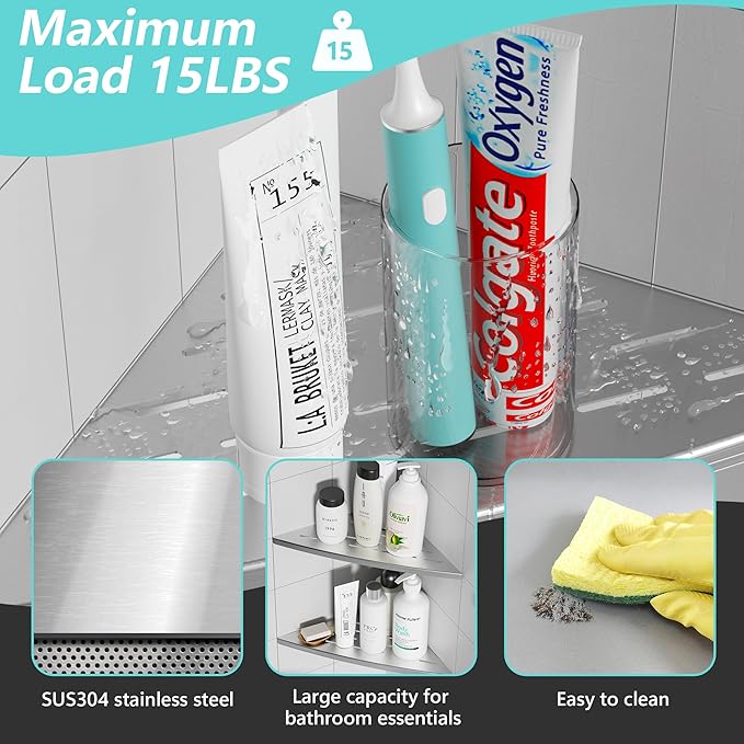 Corner Shower Shelf Brushed Nickel, 304 Stainless Steel 11.5” Recessed Corner Shelf Bathroom for Tiled Wall, Floating Shower Shelves Shampoo Holder, No Drilling, 2 Pack