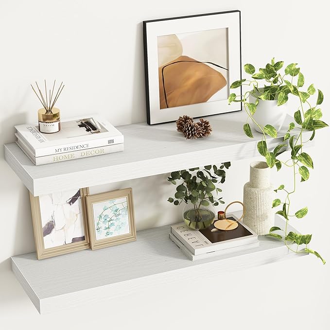 32Inch Floating Shelves, 9.3Inch Deep Rustic Wall Shelves - Extra Deeper & Thicker Wall Mounted Storage Shelf for Kitchen, Farmhouse - Set of 2 - Rustic White