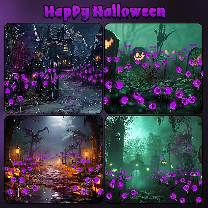 6Pack 36LED Purple Solar Halloween Eyeball Lights Outdoor, Solar Garden Lights Outdoor Waterproof, Firefly Light Swaying by Wind with 2 Modes for Pathway Patio Yard Garden Halloween Decorations
