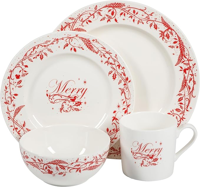 Martha Stewart Christmas Holiday Plates 16-Piece Porcelain Chip and Scratch Resistant Dinnerware Set