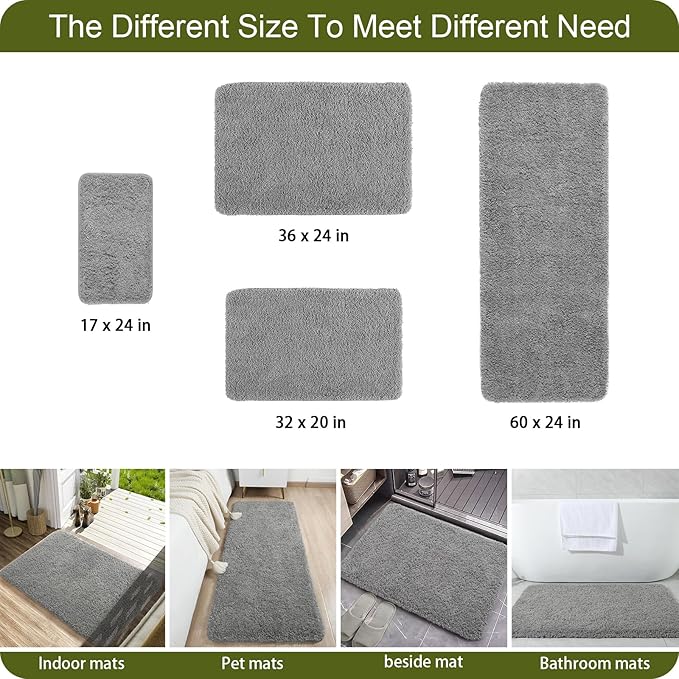 AROGAN 24x60 Inch Long Bathroom Runner Rug, Luxury Thick Soft and Absorbent Microfiber Non Slip Bath Mat, Rubber Backing Quick Dry Rugs Carpets, Machine Washable Plush Mats for Shower Floor, Grey