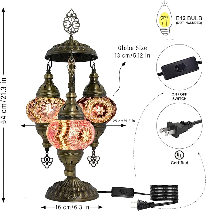 mozaist 3 Mosaic Sphere Turkish Table Lamp, Purple Basil, Handmade Glass Beads and Metal, Boho Style Vintage Living Room, Dining Room Farm Decor Colorful Light with US Plug&E12 Socket