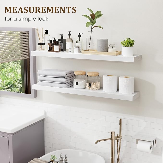 Marsmiles Wood Floating Shelves for Wall Storage, 36 inch Wide Set of 2, Invisible Wall Mounted Rustic Wooden Display Shelves for Living Room Bathroom Bedroom Kitchen Office,White