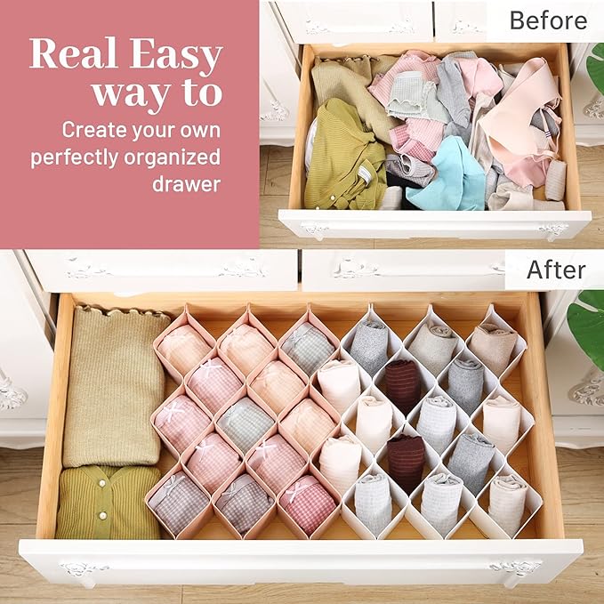 ROUFA Sock Drawer Organizer for Dresser, Honeycomb Underwear Dividers for Women, Panty Separator for Bras, Socks, Belt and Leggings (12pcs.Pink)