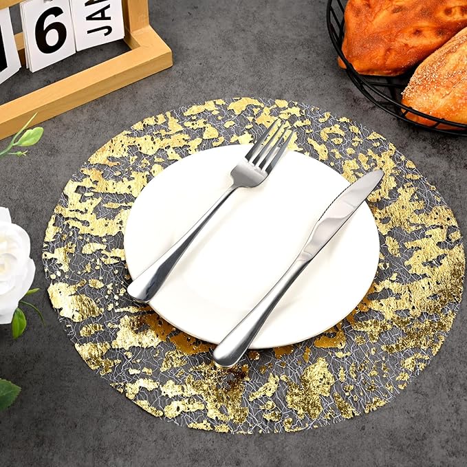 100 Piece Gold Placemats Disposable Round Table Mat 13 Inch Gold Foil Mesh Pressed Foil Paper Placemat Tablecloths Table Runner for Party Wedding Home Dinners Table Decor
