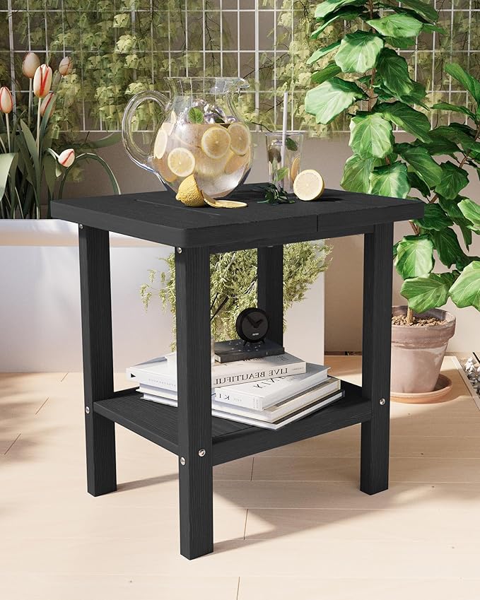 2-Tier Adirondack Square Outdoor Side Table, Pool Composite Patio Table, Weather Resistant End Table for Patio, Backyard, Pool, Easy Maintenance - Black