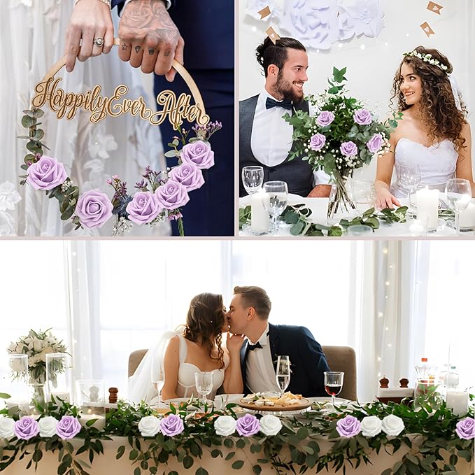 100PCS Light Purple Artificial Flowers Roses Real Looking Foam Fake Roses with Leaves for DIY Wedding Bouquets Bridal Shower Party Decorations (Lilac, 100)