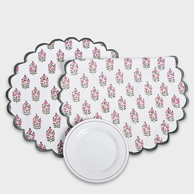Ridhi Bo-ho Round Place Mat Double Layer Floral Cotton Washable Placemats 15" Round Embroidery Block Print Table Mat (Pack of 4-15 Inch Round, Pink and Green)