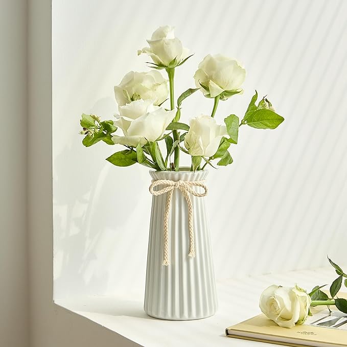 White Ceramic Flower Vase, 8'' Modern Minimalist Decorative Vases for Bouquet, Boho Vases for Pampas Grass Home Office Farmhouse Decor Bedroom Living Room Wedding Table Decorations