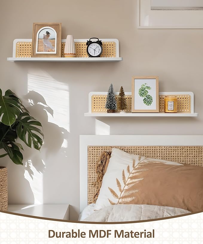 Rattan Floating Shelves, 23.6 Inch Boho Cane Webbing Wall Shelves Farmhouse Display Storage Organizer White Bookshelves Wicker Room Decor for Living Room Bedroom Entryway Hallway, Set of 2