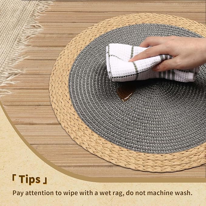Noctiflorous Round Braided Placemats Set of 4 Table Mats 15 Inches Washable Heat Resistant for Dining Table Non-Slip Indoor Outdoor Place Mats for Thanksgiving Christmas Easter(Grey Wide Edge 4)