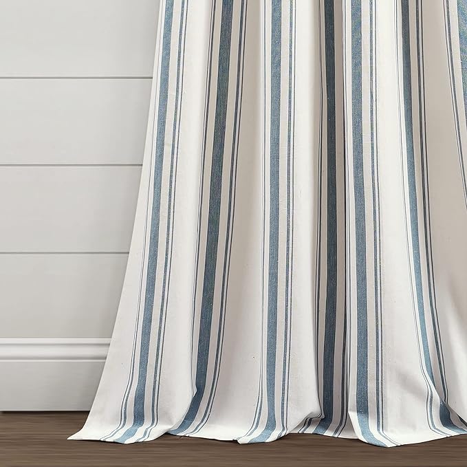 Lush Decor Farmhouse Stripe Yarn Dyed Cotton Window Curtain Panel Pair, 42" W x 84" L, Blue - Classic Modern Rustic Charm - Eco Friendly Cotton Fabric, Rod Pocket, Farmhouse stripe