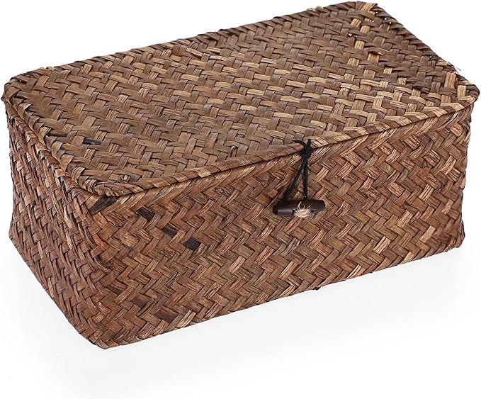 Hipiwe Wicker Shelf Baskets Bin with Lid, Handwoven Seagrass Basket Storage Bins Rectangular Household Basket Boxes for Shelf Wardrobe Home Organizer, Coffee X-Small