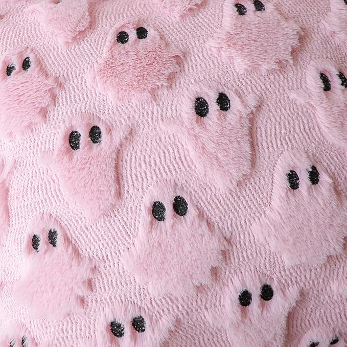4TH Emotion Halloween Ghost Decorative Lumbar Pillow Covers 12x20 Set of 2, Pink Soft Plush Faux Fur Farmhouse Throw Cushion Cases for Fall Autumn Holiday Home Decorations