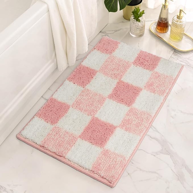 GRANNY SAYS Checkered Pink Bathroom Rugs,32" x 20",Fluffy Rug, Absorbent Microfiber Ultra Soft Bath Mat Washable, Non-Slip Bath Mats for Bathroom, Cute Floor Mat for Tub, Shower, Bedroom