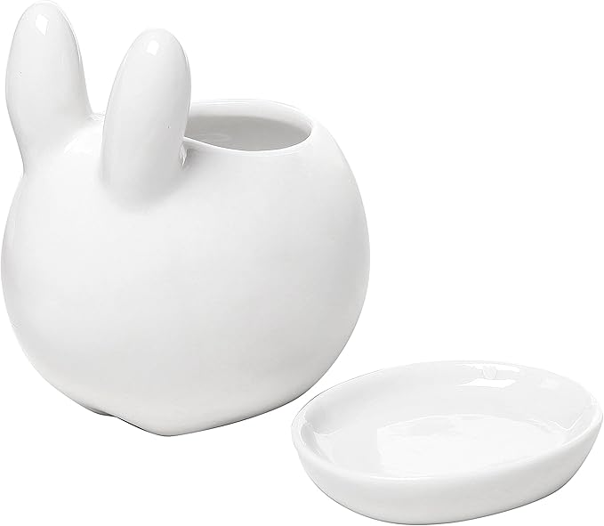 MyGift Mini Ceramic Bunny Planter, Decorative Rabbit Design White Small Flower Pot Succulent Planter with Detached Saucer