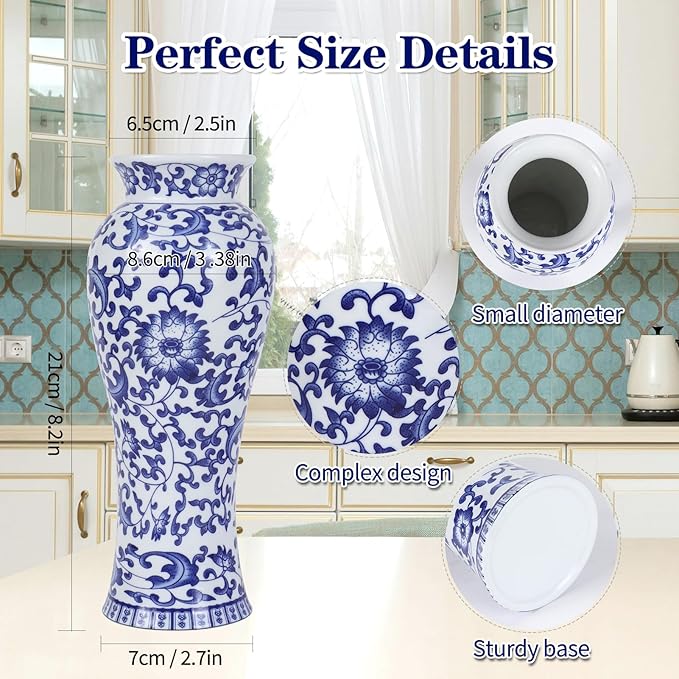 Chinoiserie Blue and White Vases,Living Room Centerpiece Ceramic Vase for Office Bedroom Chinoiserie Vintage Willow Flower Vases Decor (Lotus-M)