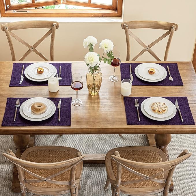 Placemats Set of 4, Dual-Layered Thickened Faux Linen Cloth Place Mats Heat Resistant Machine Washable Wrinkle Free Table Mats Indoor/Outdoor (Purple)