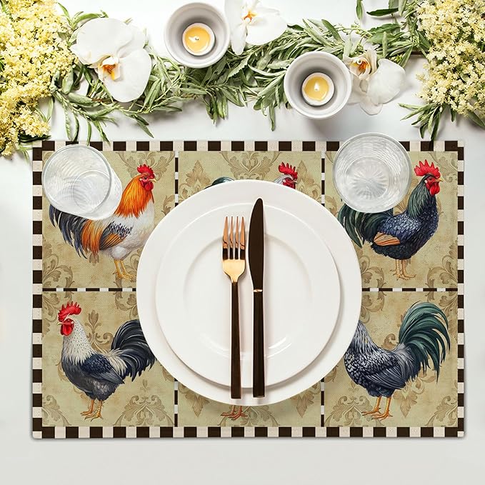 Rooster Placemats Set of 4-12 x 18 Inch Farm Animal Chicken Cotton Linen Table Mat Country Style Buffalo Plaid Decoration Washable Table Place Mats for Kitchen Dining Party