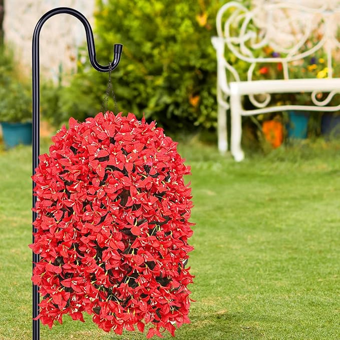 4 Pcs UV Resistant Artificial Flowers for Outdoors, Realistic Faux Silk Bougainvillea Flowers, Fake Hanging Plants for Porch Patio Balcony Decoration (Red)