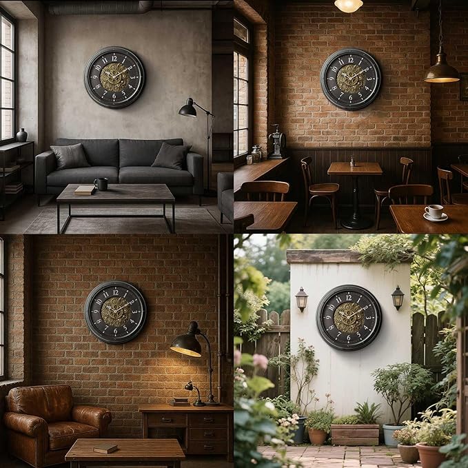 Wall Clock with Moving Gears, Vintage Industrial 16-Inch Silent Non-Ticking Steampunk Timepiece, Retro Frame Analog Battery Operated Rustic Mechanical Decor for Living Room, Home, Office, Loft (Black)