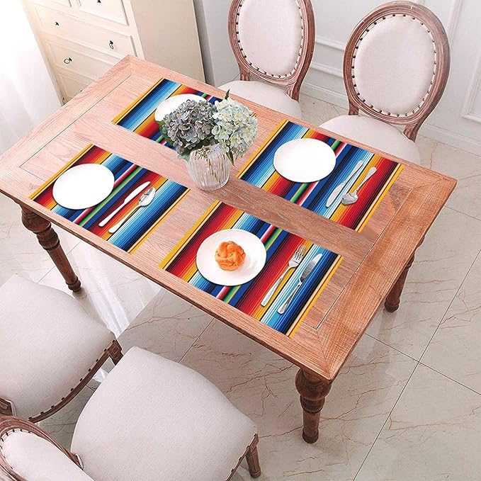 Mexican Placemats Set of 4 Linen 12"x18" Washable Non-Slip Heat-Resistant Rainbow Colorful Stripe Kitchen Table Mats for Dining Outdoor Holiday Party Home Decor