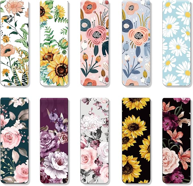 WAVEYU Magnetic Bookmarks for Women Girls,Cute Magnet Page Markers Assorted Book Markers for Book Lovers Students Teachers Adults Kids for School Home Office Reading Stationery,10 Floral Designs