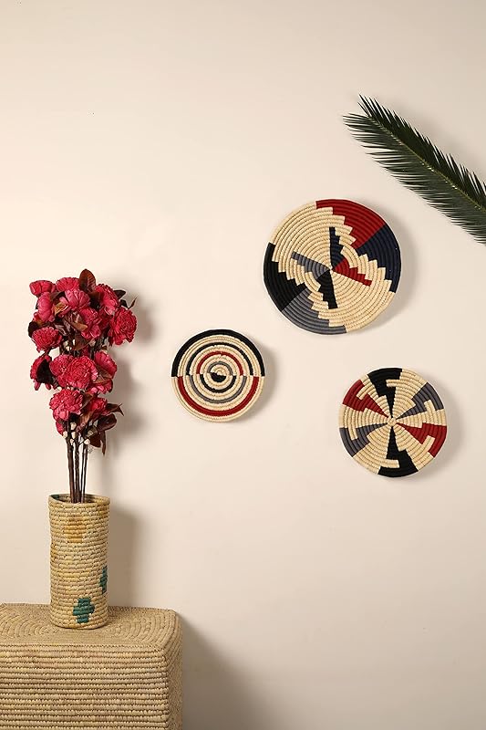 Set of 3 Round Boho Hanging Wall Basket Home Christmas Decor for Bedroom, Kitchen, Farmhouse Handmade Decorative Unique Indian Wall Decor Woven Baskets Decorations (Red Black, Contemporary)