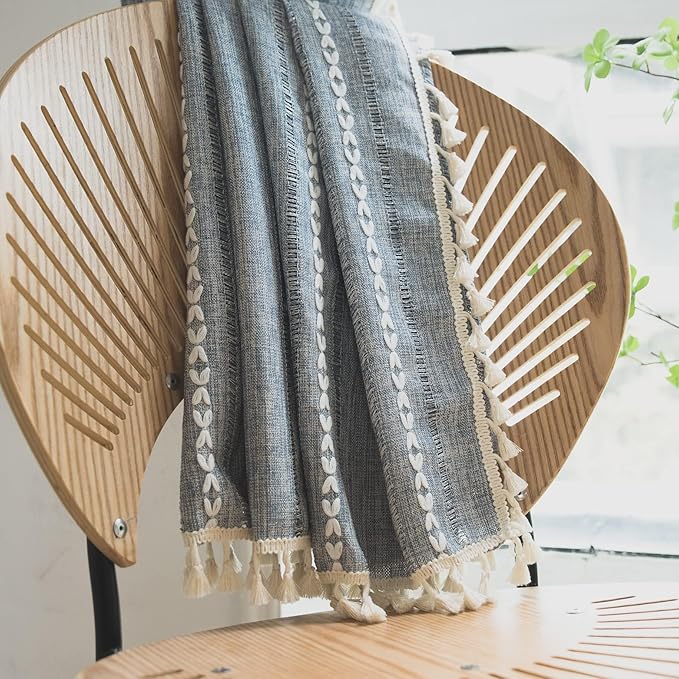 Sutuo Home Blue Boho Curtains 120 inches Long for Bedroom Living Room Nursery Room, Semi Blackout Linen Farmhouse Tassels Window Treatment Bohemian Embroidery Drape, Rod Pocket 1 Panel 52" W x 120" L