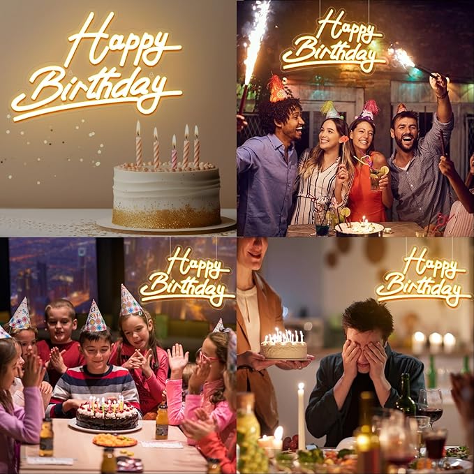 Large "Happy Birthday" Neon Sign, USB & Battery Powered (22.4"x14.3"), Adjustable Brightness, Warm LED Wall Decor for Parties & Celebrations