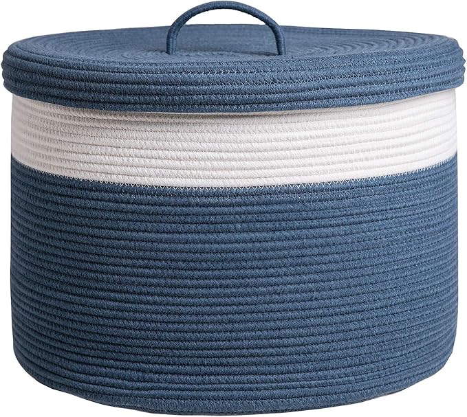 20" x 20" x 15" Extra Large Storage Basket with Lid, Cotton Rope Storage Baskets, Laundry Hamper, Cloth Bin, for Clothes Towels Blankets Pillows Storage in Living Room, Basket with Cover Dark Blue