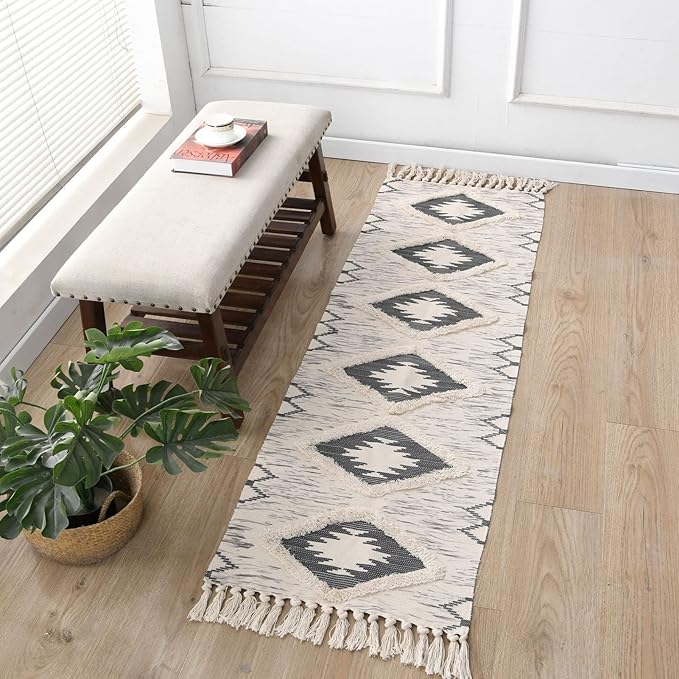 Boho Runner Rug 2'x6', Washable Hallway Rug Runner Non Slip Rubber Backed, Kitchen Farmhouse Area Rug Floor Mat with Tassels, Tufted Woven Cotton Entryway Carpet, Grey