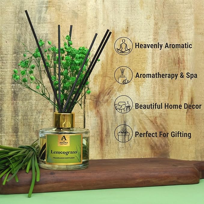 The Aroma Factory Fragrance Reed Diffuser Set with Natural Essential Oil, Aroma Sticks & Real Preserved Flowers | Luxury Home Decor Scent (Lemongrass, 1 Pack)