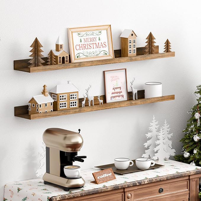 upsimples Floating Shelves for Wall, Wall Shelves for Decor Storage Set of 6, Wall Mounted Wood Shelves for Bedroom, Living Room, Bathroom, Kitchen, 35.5 inch Long Picture Ledge Shelves, Brown