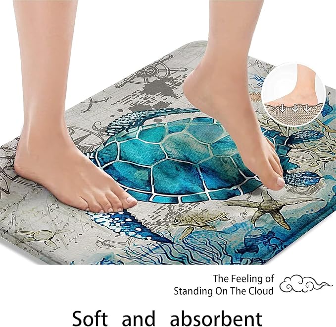 Britimes Bath Mat for Bathroom, Blue Turtle Washable Cover Floor Rug Carpets Floor Mat Bathroom Decorations 16x24 Inches for Kitchen Bedroom Indoor