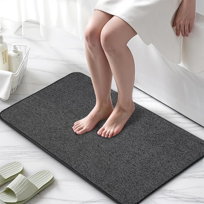 Upgraded Thin Bathroom Rugs, Bath Mat Super Absorbent, Bath Rugs Rubber Backing Non-Slip, Quick Dry Machine Washable, Cozy Cloth Bathroom Mat fit Under Door/Sink/ Bathtub/Shower/Kids 20''x24''-Black