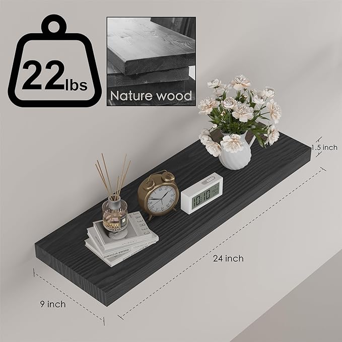 Floating Shelves for Wall - 24 x 9 Inch Natural Wood Shelves for Bathroom, Bedroom, Kitchen Decor, Farmhouse Decor Set of 2, Black