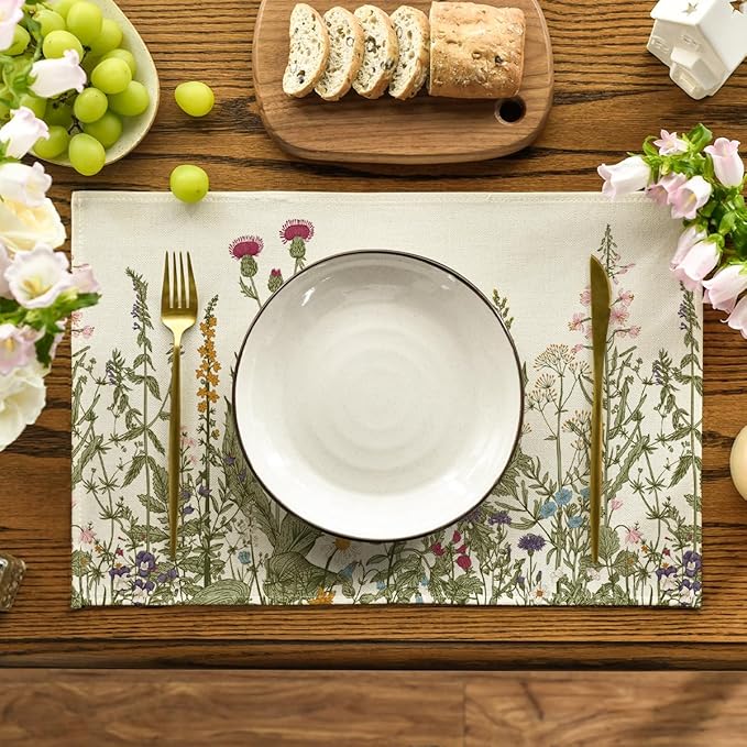 Artoid Mode Antique Herbs and Wild Flowers Summer Placemats Set of 8, 12x18 Inch Seasonal Wildflower Spring Table Mats for Party Kitchen Dining Decoration