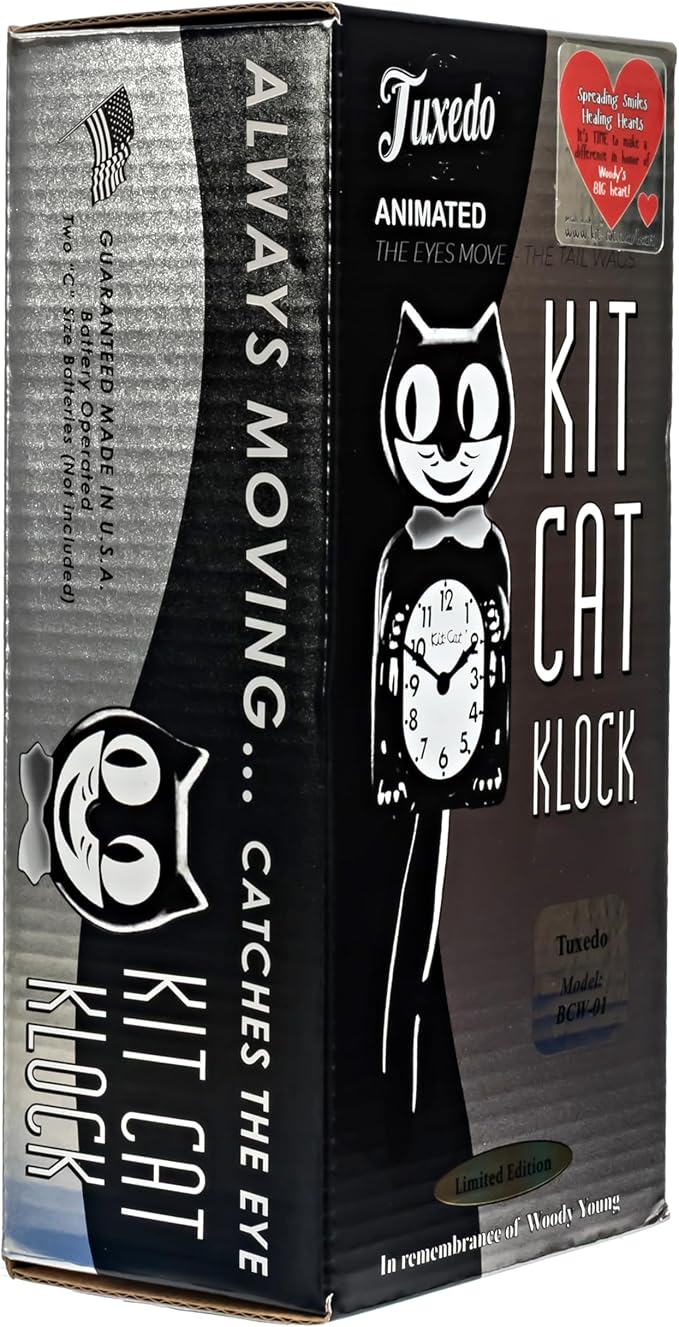 Kit-Cat Tuxedo Clock, Limited Edition Anniversary, Black with Chrome Bow Tie, Classic Moving Eyes and Tail